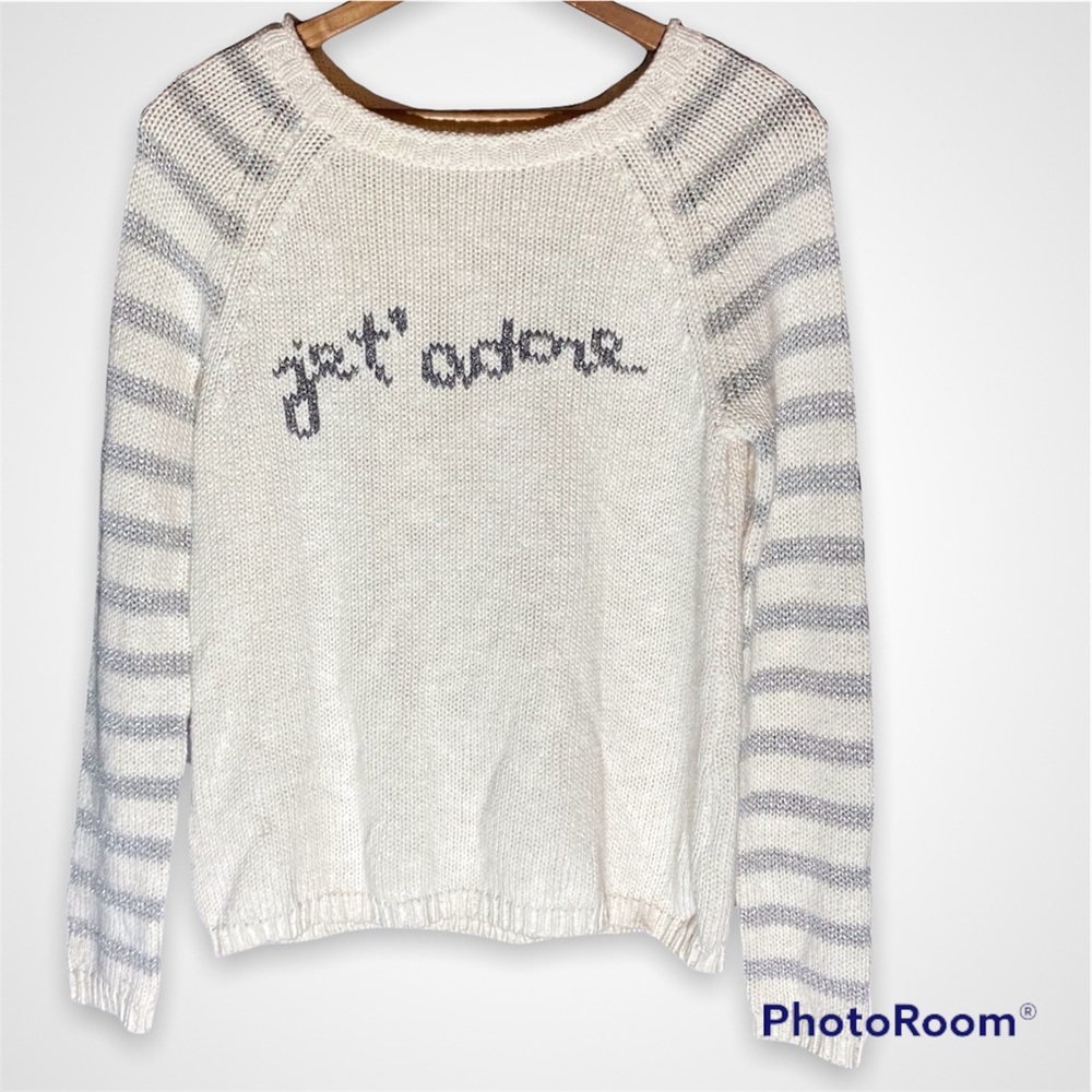 Women’s Cream Knit Sweater with Gray Stripe Sleeves